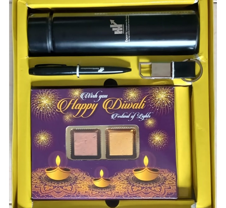 Diwali hamper with Belgium chocolates, temperature bottle, Keychain and pen